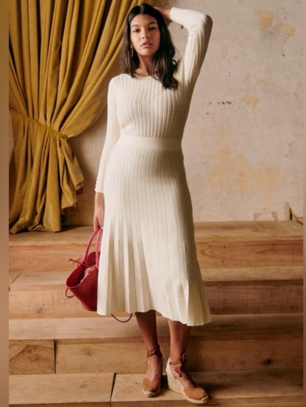 Sézane Flora Knit Long Sleeve Pleated Midi Dress Ecru Size S